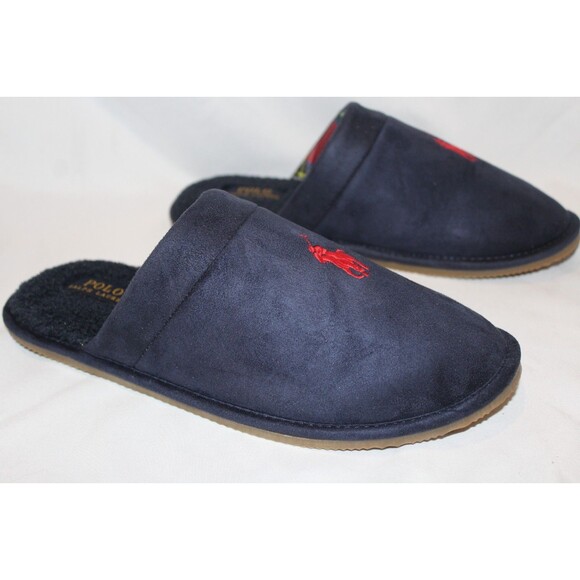 NIB POLO RALPH LAUREN MEN'S SLIP ON LOGO SCUFF HORSE SLIPPERS NAVY BLUE SZ 9 - Picture 4 of 5